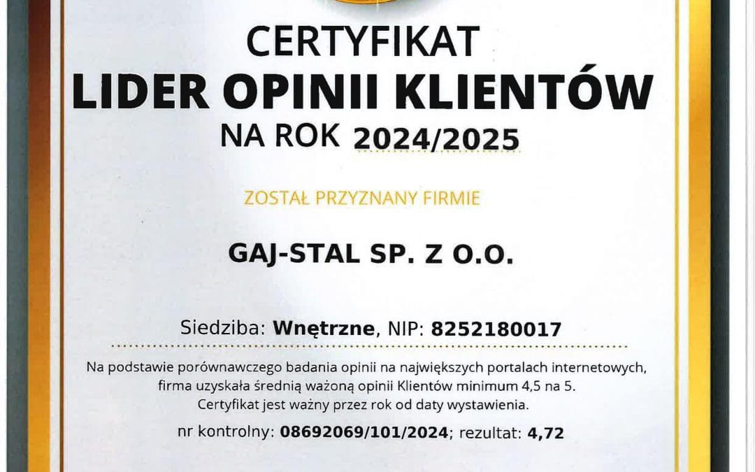 Uzyskanie certyfikatu „Lider Opinii Klientów”